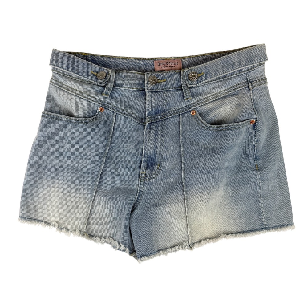 Juicy Couture Denim Shorts Women 30 Light Blue Paneled Raw Hem High Rise